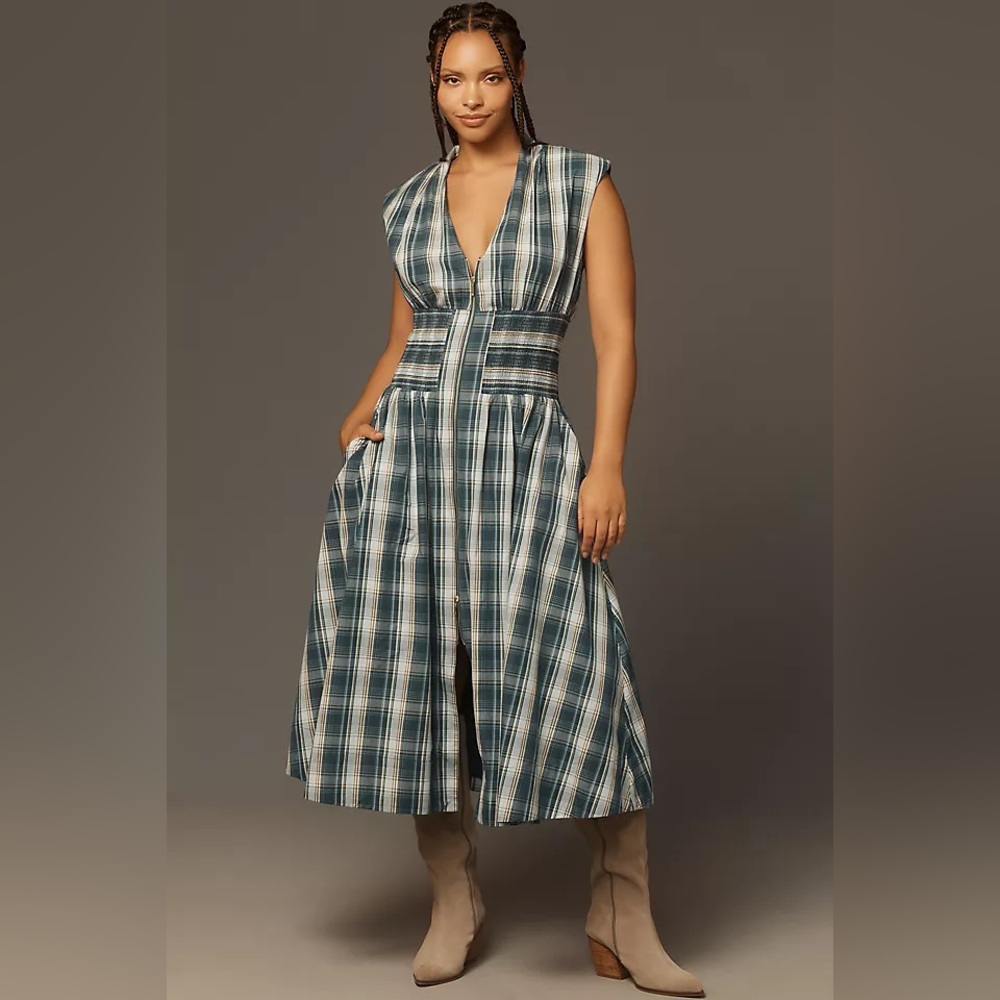 The Tommie Cap-Sleeve Smocked Front-Zip Shirt Dress by Anthropologie Size Small